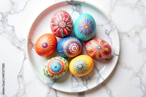 Vibrant Easter eggs arranged beautifully on marble plate, spring celebration. Greeting card or holiday poster for Happy Easter promotion photo