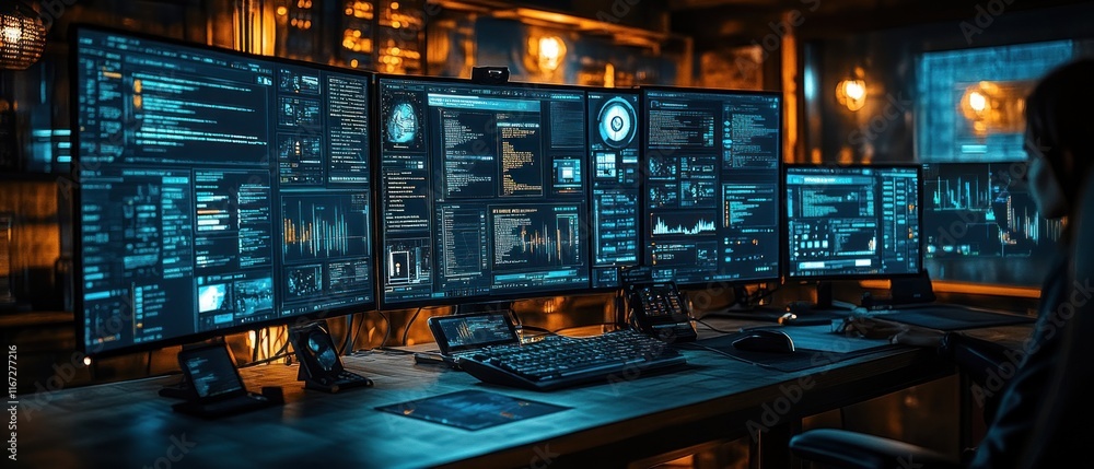 Obraz premium High-tech workspace with multiple screens displaying data