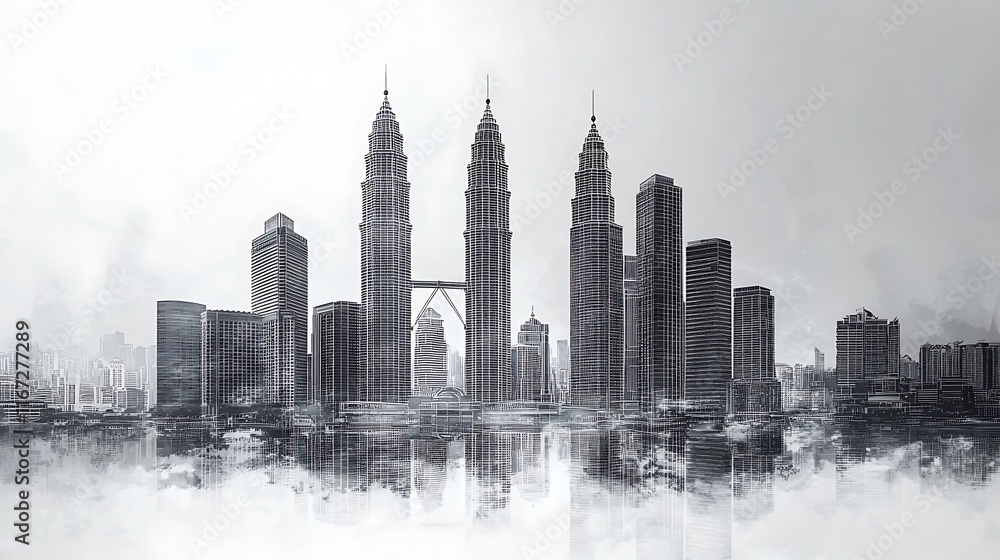 Fototapeta premium Modern Outline of Iconic Petronas Towers in White Aesthetic Design