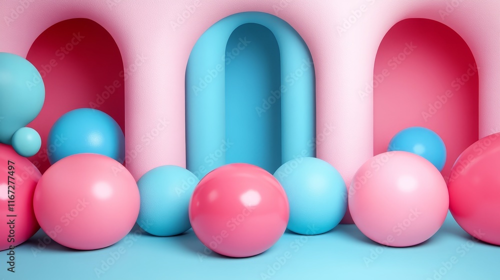 A vibrant 3D scene with colorful spheres and arches, creating a playful atmosphere. A vibrant 3D scene with colorful spheres and arches, creating a playful atmosphere.