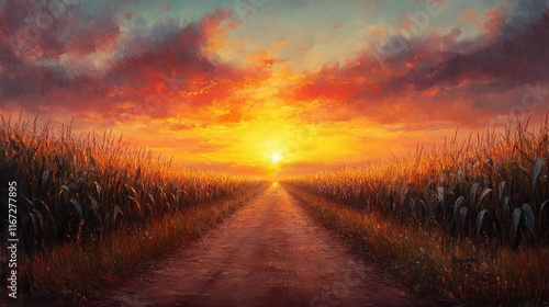 Wallpaper Mural Sunset Rural Landscape Dirt Road Cornfields Agriculture Horizon Summer Evening Torontodigital.ca