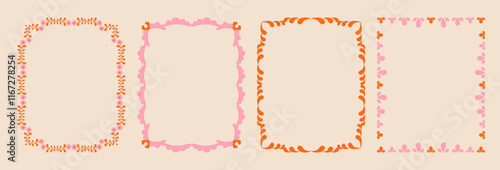 Set of whimsical floral border frames. hand drawn wildflowers and scribble line frame for invitation, valentine or invitation save the date card. Elegant botanical elements.