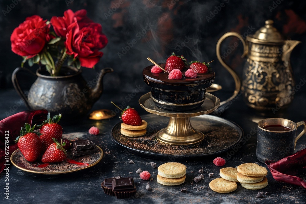 Fototapeta premium Delicious Chocolate Fondue with Strawberries and Cookies