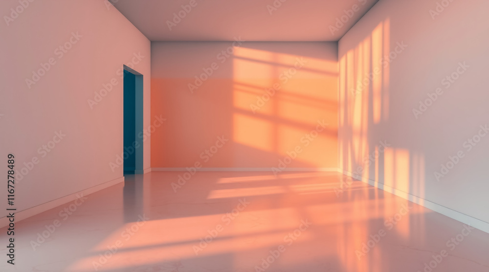 Obraz premium Sunset-gradient room with walls blending vibrant orange to deep crimson, sleek black flooring, and subtle metallic decor for a bold and dramatic luxury interior backdrop.