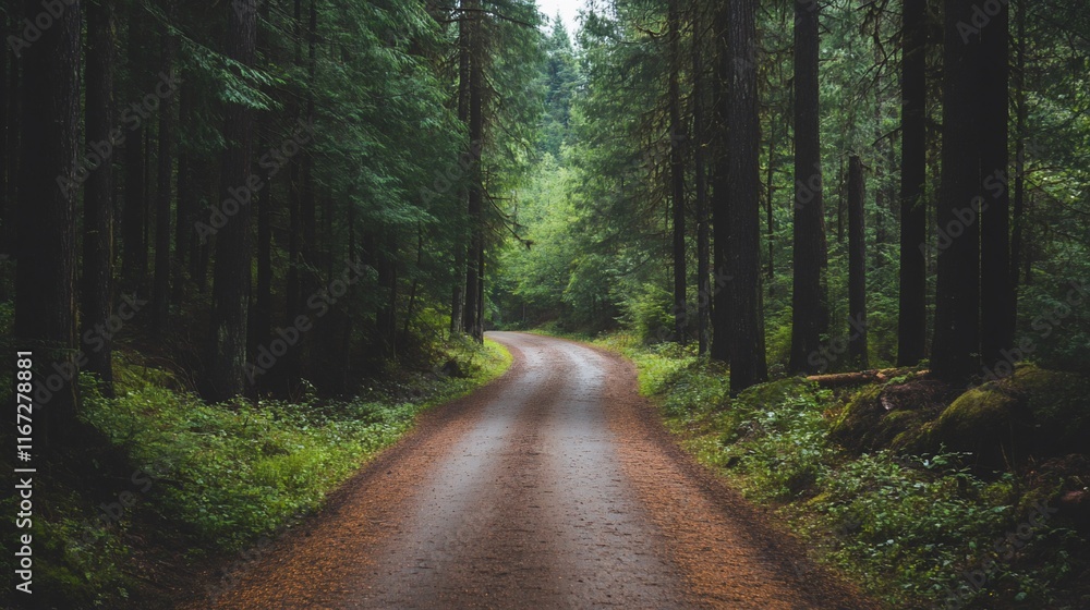 Fototapeta premium Forest road winding through dense woods.