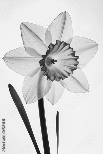 X ray theme of a daffodil flower in black and white on a white background