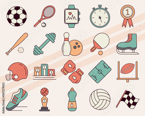 Vector icons related to sports including balls equipment and player symbols