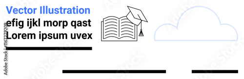 Open book with a graduation cap, flowing text, and a cloud shape. Ideal for education, online courses, e-learning platforms, academic presentations, tutoring, educational blogs, student resources