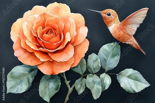 A vibrant watercolor of an orange rose and a hummingbird against a dark background. photo