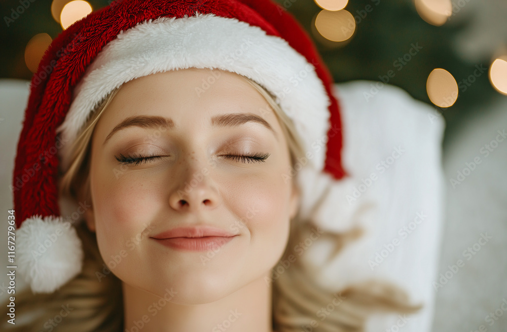 Relaxing woman in Santa hat with closed eyes, enjoying festive season. warm ambiance and soft lighting create cozy holiday atmosphere Relaxing woman in Santa hat with closed eyes, enjoying festive season. warm ambiance and soft lighting create cozy holiday atmosphere