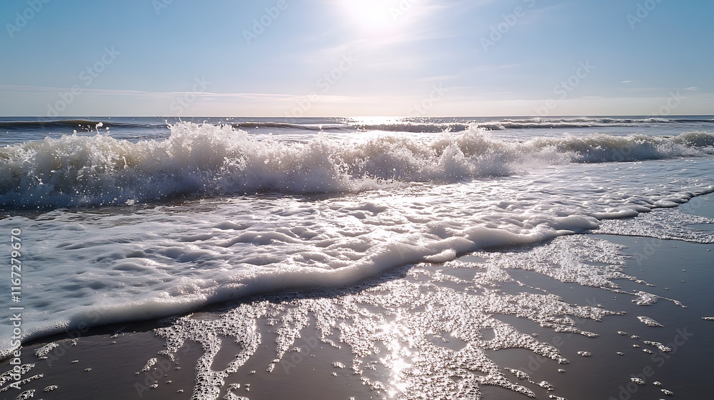 Fototapeta premium Ocean Waves Crashing on Sandy Beach Under Sunny Sky
