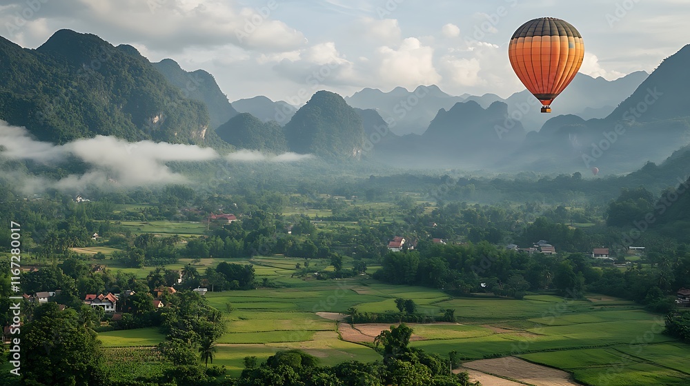 Naklejka premium Hot Air Balloon Soaring Over Lush Green Valley and Mountains