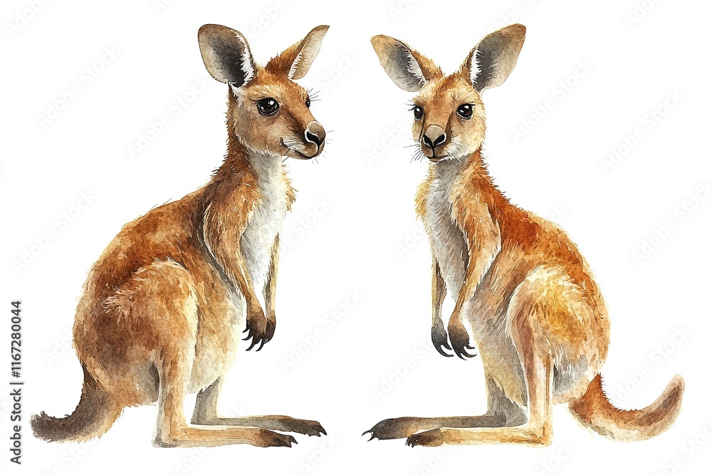 Fototapeta premium Two illustrated kangaroos in a natural pose, showcasing their features and fur texture.