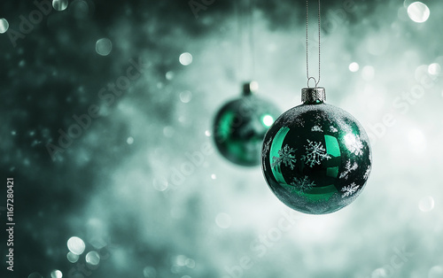 Green Christmas baubles with snowflakes and blurred lights on a festive background. photo