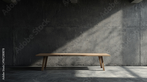 An empty studio scene with concrete walls and a wooden