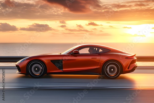 A sleek sports car cruising along a coastal road at sunset.