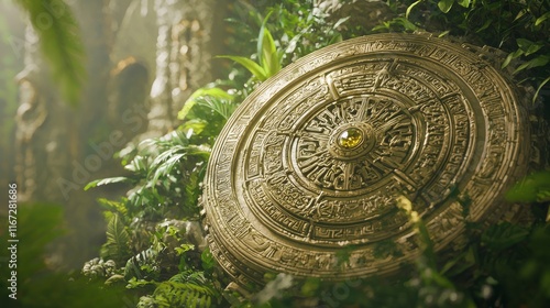 Ancient Atlantean Artifact: Intricate Engravings and Jewel Adornments Amid Lush Greenery. Photorealistic Illustration of Grandeur and History. photo