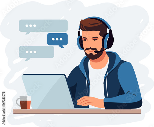 Customer service concept. Man with headphones and microphone with laptop on transparent background. Support, assistance, call center.