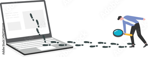 Businessman with Magnifier Looking at Footprint Inside Social Media. Digital Footprint Concept.
