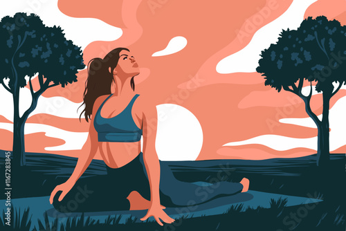 A young woman doing yoga in a serene outdoor setting, sunrise in the background, peaceful and healthy lifestyle