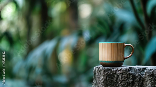 Unique bamboo coffee mug on a cracked stone fence in a lush green environment close-up view of nature's artistry