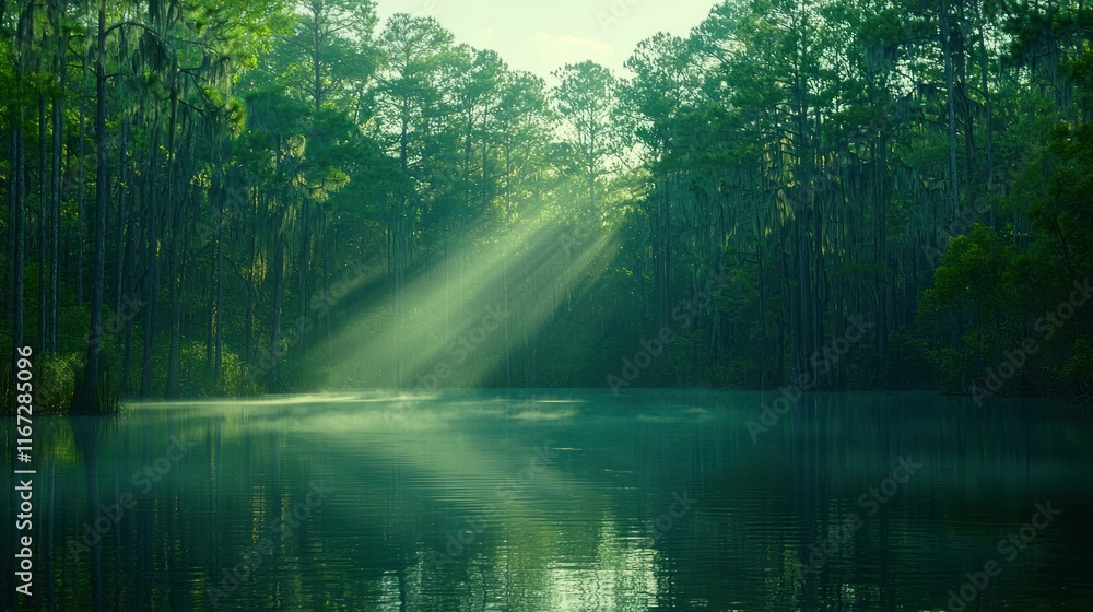 Sunbeams illuminate misty swamp at dawn. Sunbeams illuminate misty swamp at dawn.