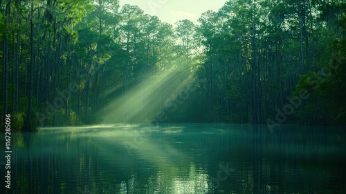 Sunbeams illuminate misty swamp at dawn.