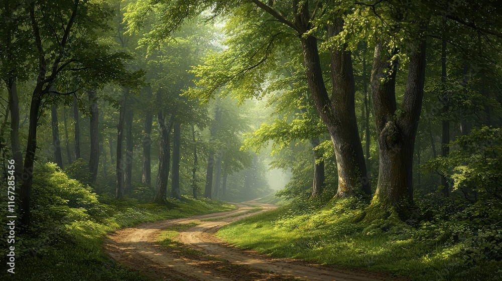 Fototapeta premium Sunlit forest path winds through misty trees.