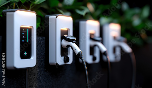 Close up of multiple electric vehicle charging stations with cables. These modern chargers are designed for convenience and efficiency, showcasing sleek design against green backdrop