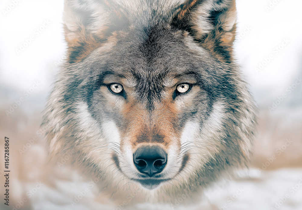 Obraz premium Close up of wolf face, showcasing intense eyes and fur details. image captures wild essence and beauty of this majestic animal in serene environment