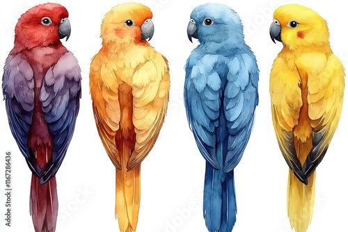 Four colorful parrot illustrations showcasing vibrant feathers and distinct colors. photo