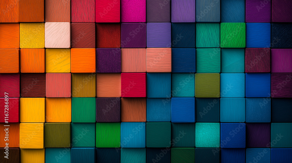 Colorful wooden cubes arranged in vibrant pattern, showcasing variety of hues and textures. This visually striking composition evokes creativity and playfulness Colorful wooden cubes arranged in vibrant pattern, showcasing variety of hues and textures. This visually striking composition evokes creativity and playfulness