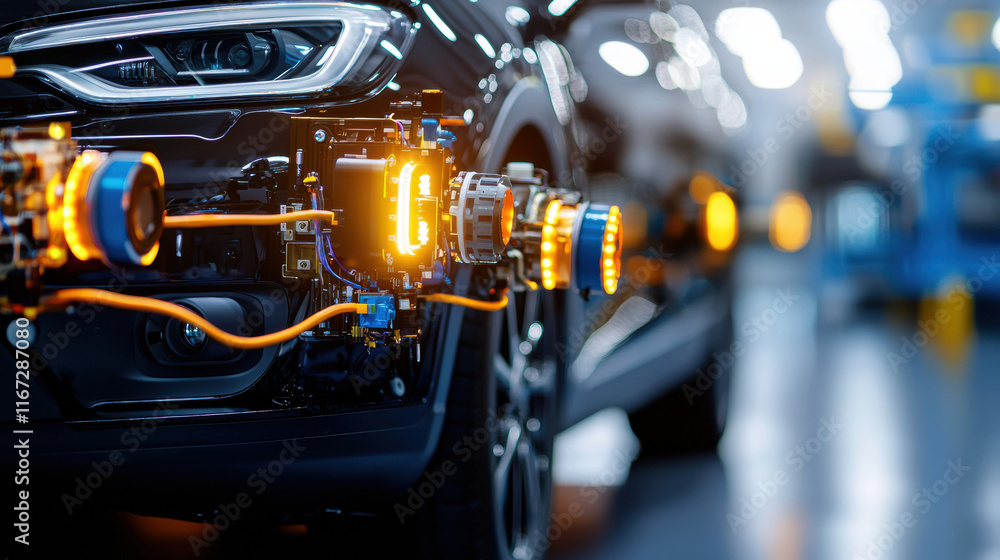 Fototapeta premium High tech automotive performance testing with detailed components and bright lights. image showcases advanced engineering and innovation in vehicle technology