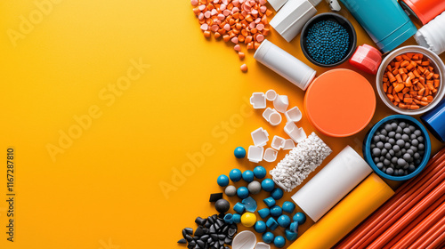 Colorful assortment of materials including plastic, beads, and containers on bright yellow background, showcasing variety of shapes and textures for creative projects