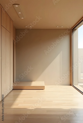Empty room featuring a khaki wall with wooden floor and glass balcony and minimalist atmosphere