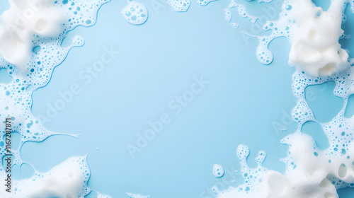White foam cream texture, soap bubble or cosmetic gel clean foam isolated on blue background with copy space