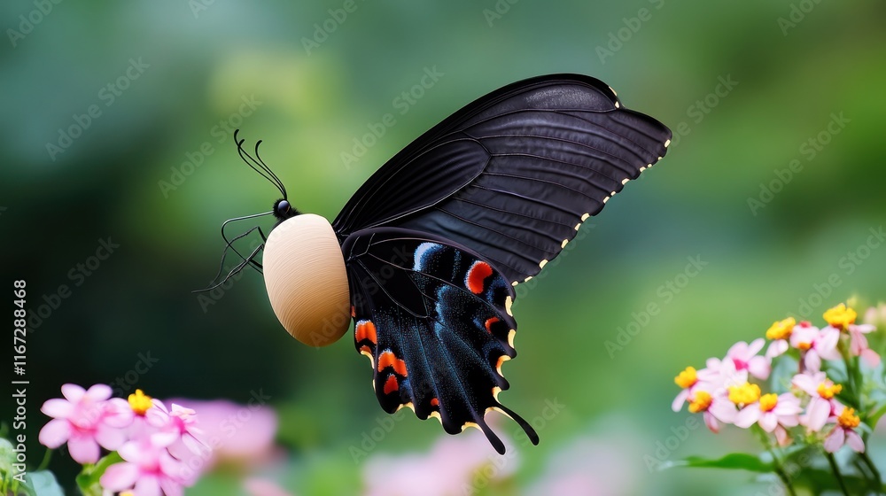 Fototapeta premium A butterfly with an egg, resting on vibrant flowers.