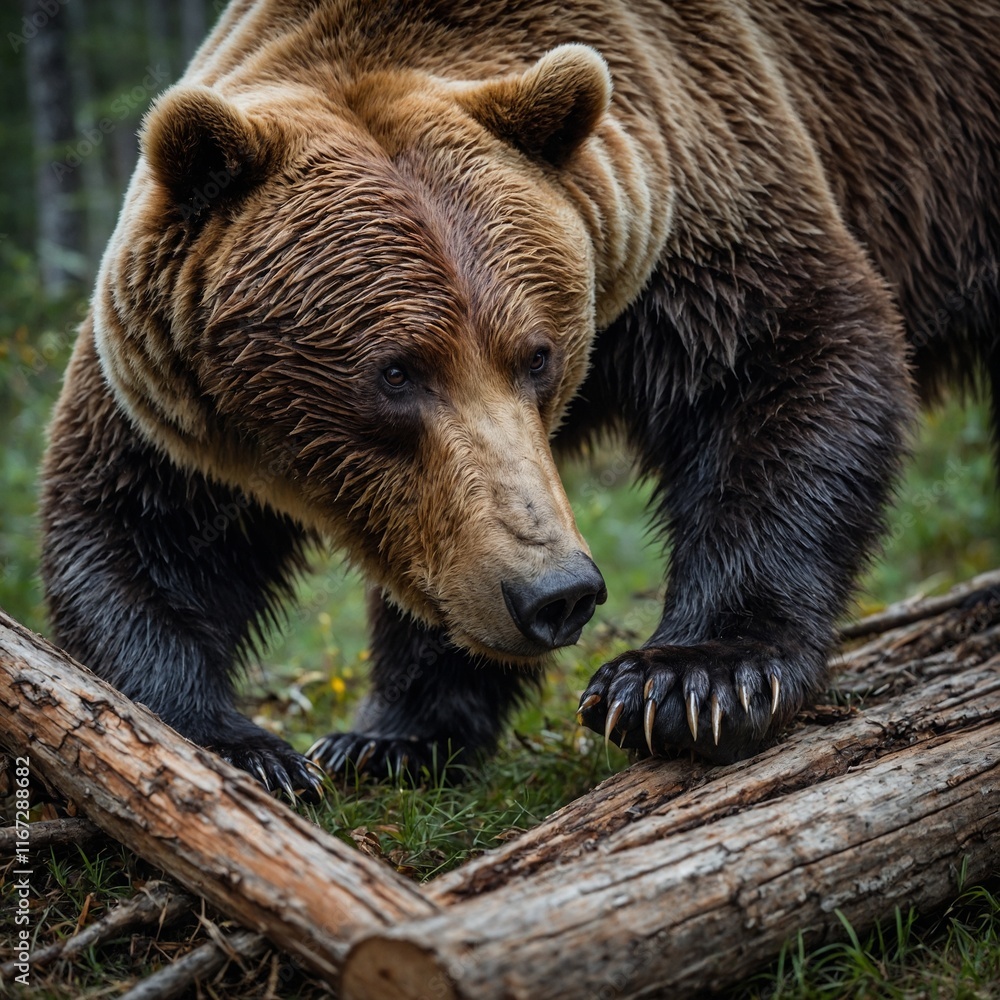 Obraz premium Highlight the claws of a bear gripping a log.