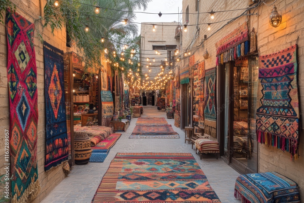 Fototapeta premium Colorful carpet market with a long aisle of rugs and awnings