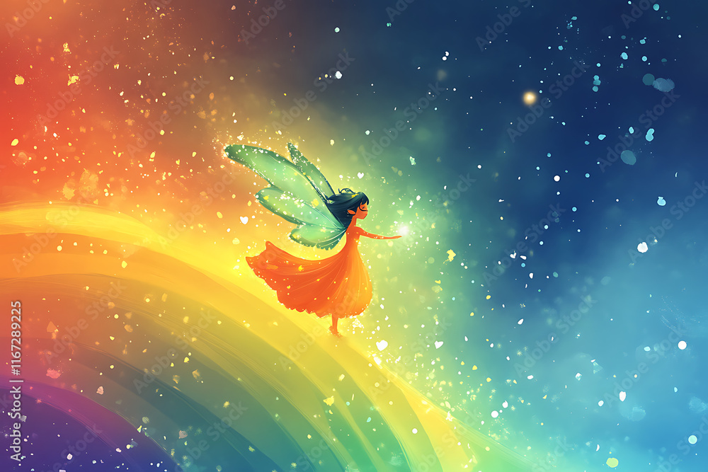 Naklejka premium A whimsical fairy dances on a vibrant rainbow, surrounded by sparkling lights and colors.