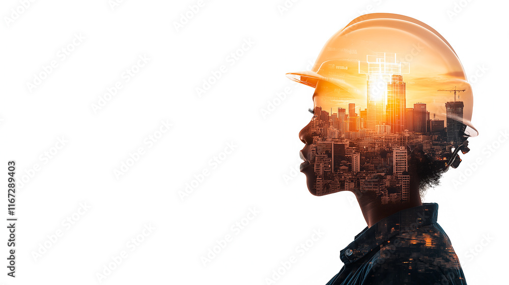 double exposure image of construction worker with city skyline overlay, showcasing determination and innovation in urban development double exposure image of construction worker with city skyline overlay, showcasing determination and innovation in urban development