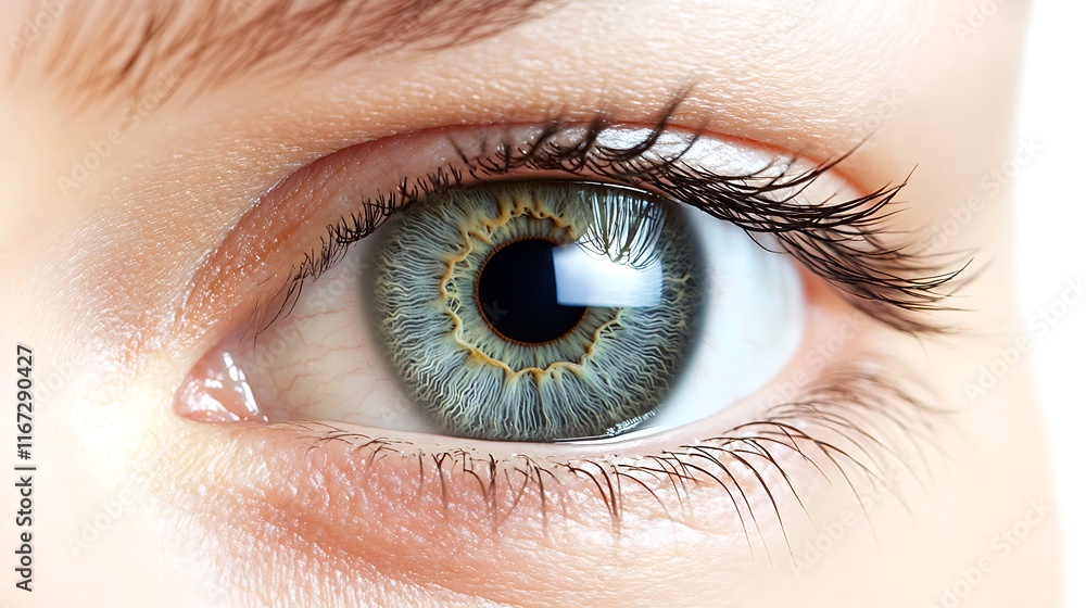 Fototapeta premium Close-up of a human eye with green iris, showing detail of eyelashes and surrounding skin.