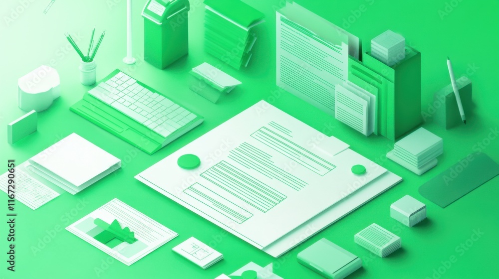 The concept of customizable document templates in green and white colors The concept of customizable document templates in green and white colors