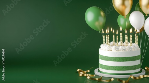 3D green and white birthday cake with candles, and balloons on a green color banner with a copy space area 