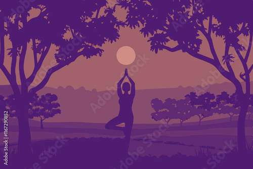 A young woman doing yoga in a serene outdoor setting, sunrise in the background, peaceful and healthy lifestyle