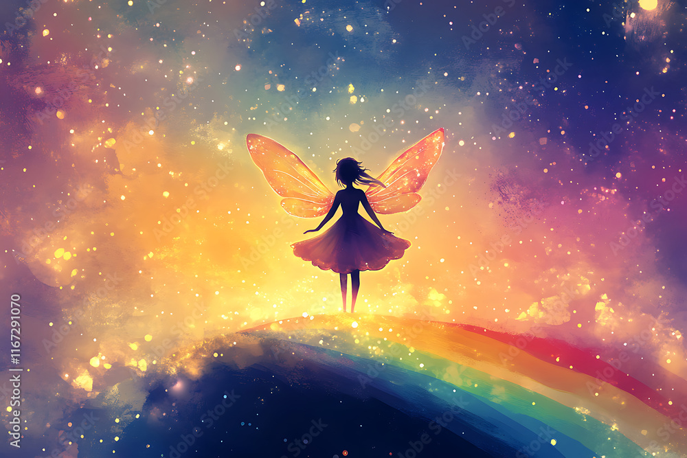 Naklejka premium A colorful fantasy scene featuring a fairy with wings standing on a rainbow against a starry sky.