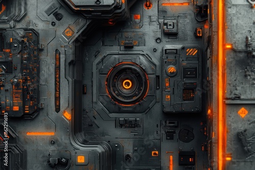 Fototapeta Naklejka Na Ścianę i Meble -  Close up of a metallic object with orange and black colors