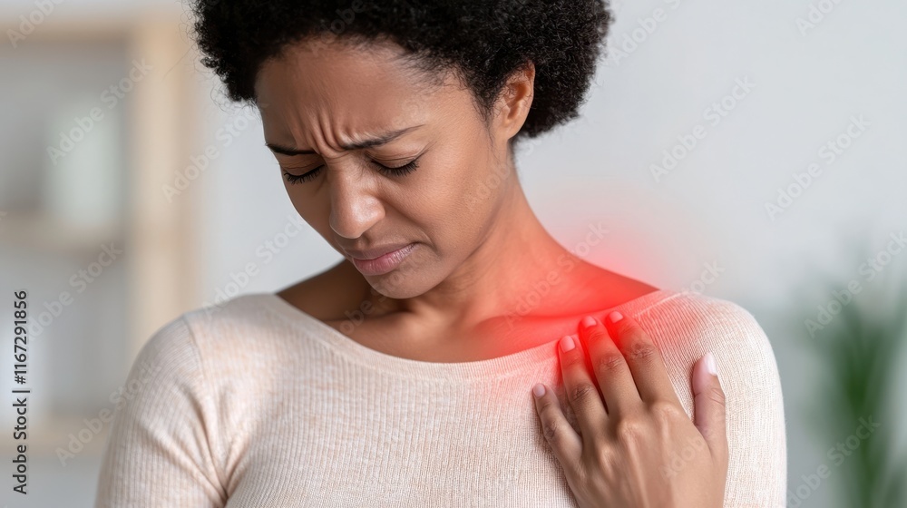 Experiencing discomfort, woman in home setting holds her shoulder, reflecting pain and concern. warm light adds to emotional atmosphere of scene Experiencing discomfort, woman in home setting holds her shoulder, reflecting pain and concern. warm light adds to emotional atmosphere of scene