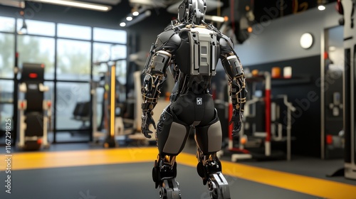 Futuristic robot in a modern gym, rear view.