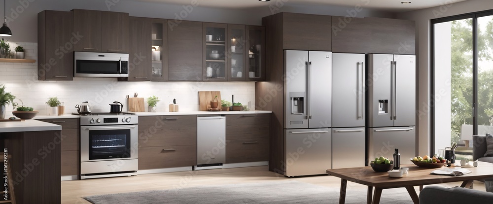 Showcase the power of the Internet of Things with a visually stunning image of a smart home filled with various connected devices and appliances AI, such as smart refrigerators, coffee makers Showcase the power of the Internet of Things with a visually stunning image of a smart home filled with various connected devices and appliances AI, such as smart refrigerators, coffee makers